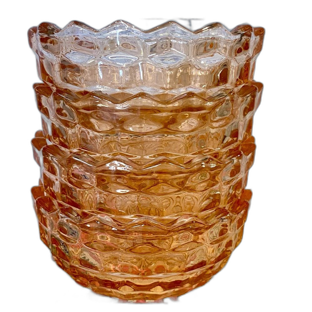 Vtg Serving Bowls Set of 4 Pink Depression Glass Cube Pattern Scalloped Edges